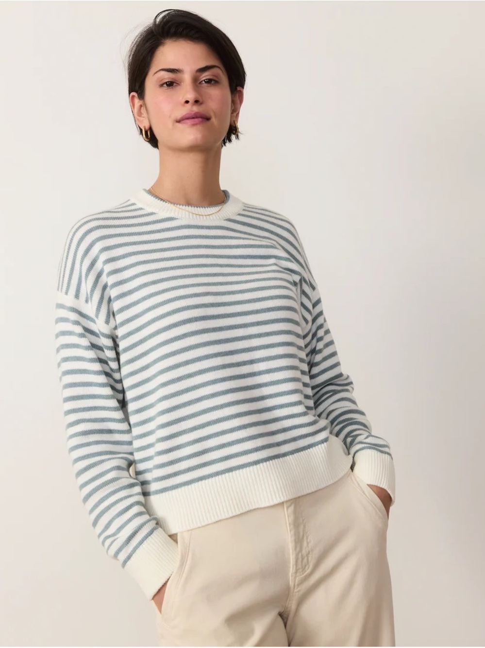 Marine Layer Suki Striped Knit Cotton Crewneck Sweater in White and Light Blue